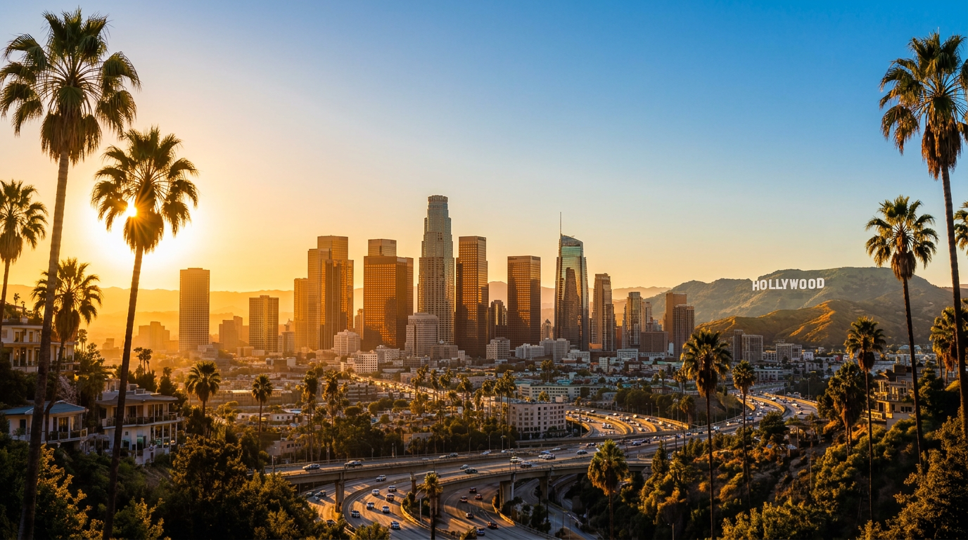 Sunlit Los Angeles skyline with palm trees and the Hollywood sign